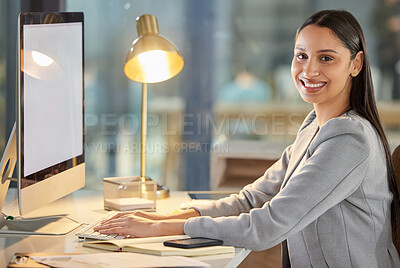 Buy stock photo Woman, computer screen and portrait in office at night, accountant and mockup space for planning. Female person, report and blank display or pc monitor for agenda or email, proposal and website
