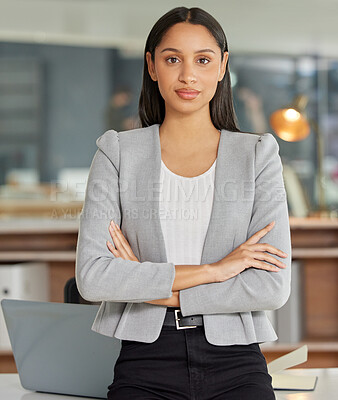 Buy stock photo Business woman, confident employee and portrait in office, lawyer and serious for startup company. Female person, professional and proud of career opportunity, arms crossed and attorney in Brazil