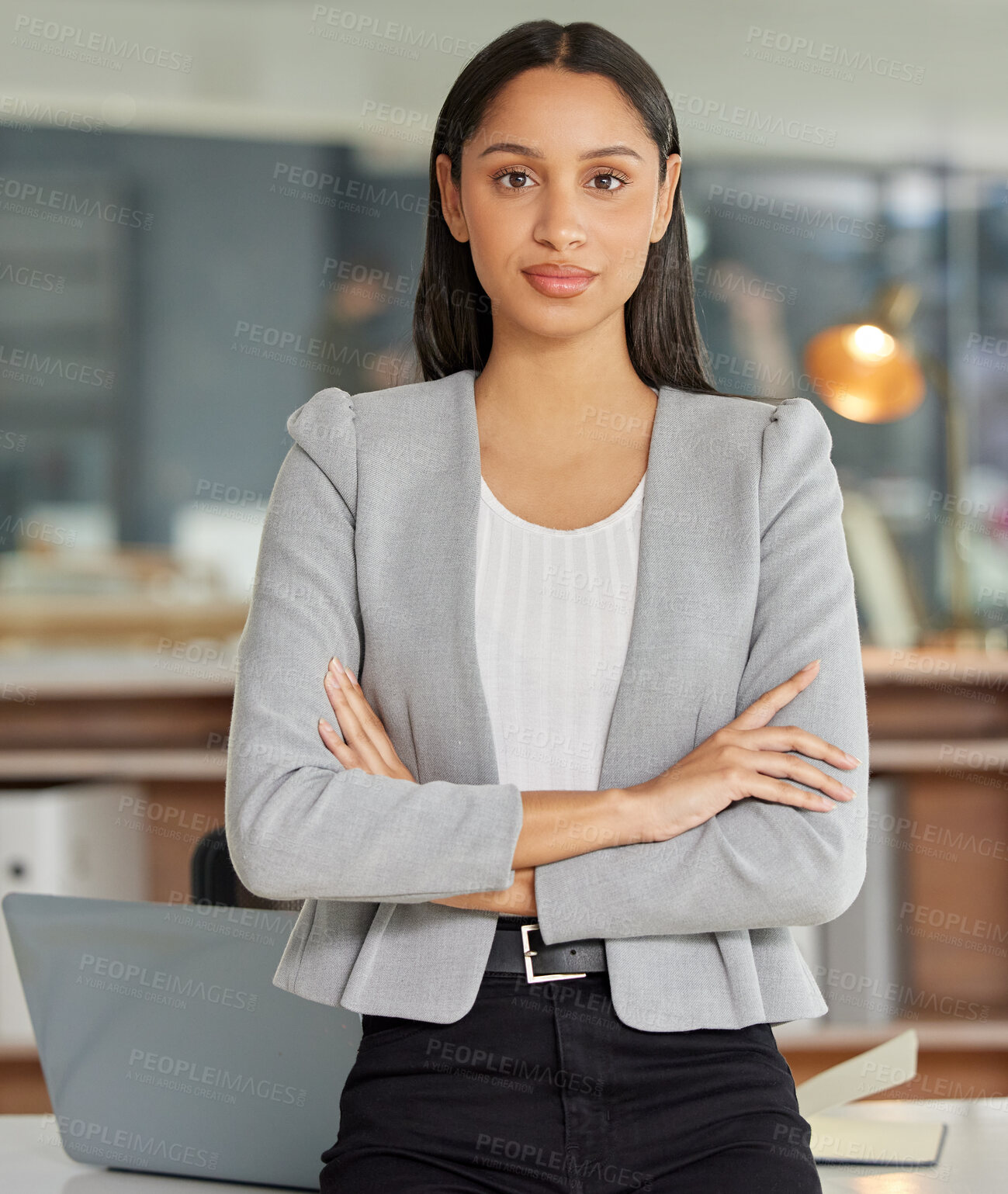 Buy stock photo Business woman, confident employee and portrait in office, lawyer and serious for startup company. Female person, professional and proud of career opportunity, arms crossed and attorney in Brazil