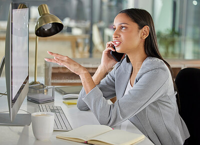 Buy stock photo Businesswoman, phone call and computer at office as assistant for booking meeting, appointment or schedule. Female person, receptionist and confirmation with clients for agenda, admin or planning
