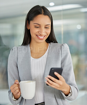 Buy stock photo Business woman, coffee and phone for networking in office, employee and social media break at work. Female person, professional and app for chat or conversation, cup of tea and internet for website