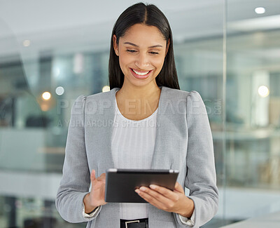 Buy stock photo Business woman, tablet and lawyer planning on app, check email and schedule in office on tech. Female person, attorney and research on legal website, career opportunity and networking or information