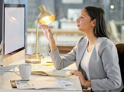 Buy stock photo Businesswoman, working late and computer in office as copywriting in agency on deadline for employer. Female person, freelancer and professional in workplace by night lamp, technology and notebook