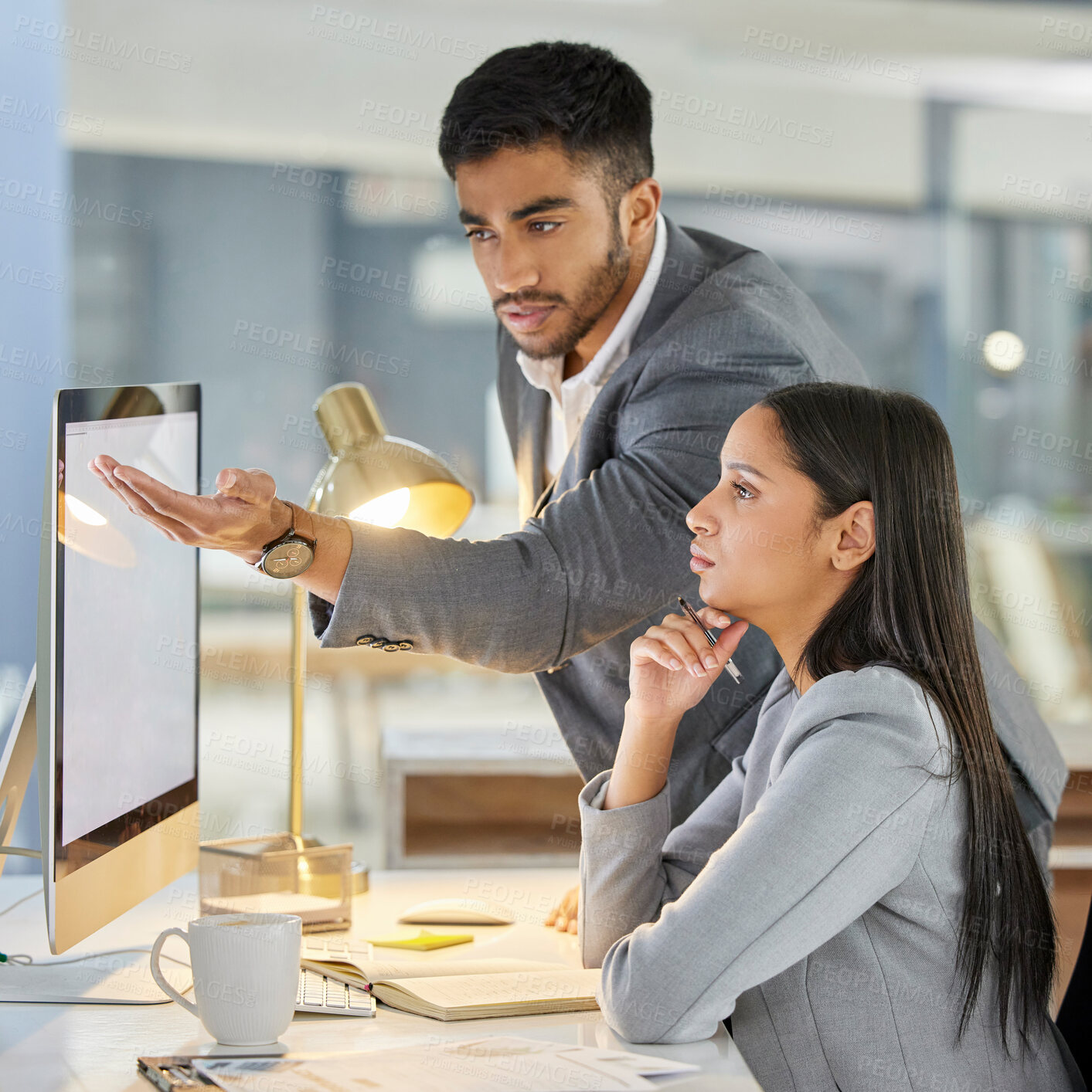 Buy stock photo Accounting, learning and mentor with advice for business woman and planning growth on a computer screen in office. Team, teamwork and coach help employee with project for development of a company