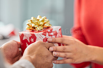 Buy stock photo Christmas gift, celebrate and hands of couple of friends and workers with present and box. Holiday, event presents and giving a surprise package to a woman hand with care and love for celebration