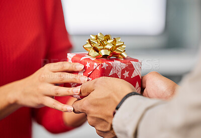 Buy stock photo Christmas gift, office and hands of couple of friends and workers with present and box. Holiday, event presents and giving a surprise package to a woman hand with care and love for celebration
