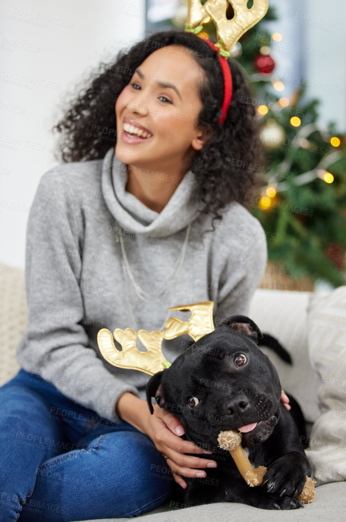 Buy stock photo Dog, Christmas and home with woman, smile and celebration in lounge or living room. Pet, festive holiday and comfort for cute, best friend and animal bonding with reindeer costume for vacation fun