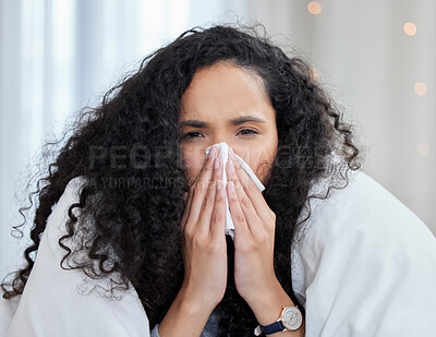 Buy stock photo Woman, sick and home with tissue in portrait with blowing nose under blanket for cold, fever and fatigue. Flu, health and allergy with unwell for medical with healthcare for influenza with illness