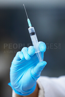 Buy stock photo Hand, medical and syringe for vaccine, person and healthcare with cure, research and prevention. Closeup, doctor and professional with needle, glove and diagnosis with immunity, disease and virus