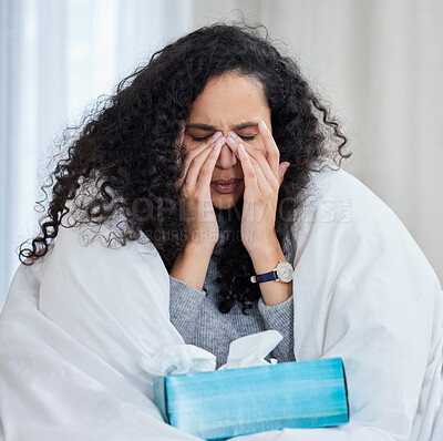 Buy stock photo Woman, sick and house with box of tissue, health and fever in morning, couch and living room with sinus. Apartment, lounge and person with allergy, cough and nose with pain, flu and infection in home