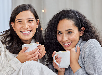 Buy stock photo Portrait, home and women with coffee, relax and happiness with weekend break, catch up and bonding together. Apartment, friends and girls with morning tea, cheerful and joyful with smile and peaceful