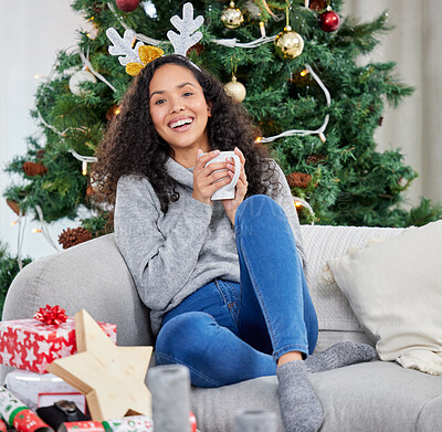 Buy stock photo Woman, portrait and Christmas holiday in home on sofa with hot chocolate for present giving, vacation or winter. Female person, face and smile in living room or festive season for cozy, gift or drink
