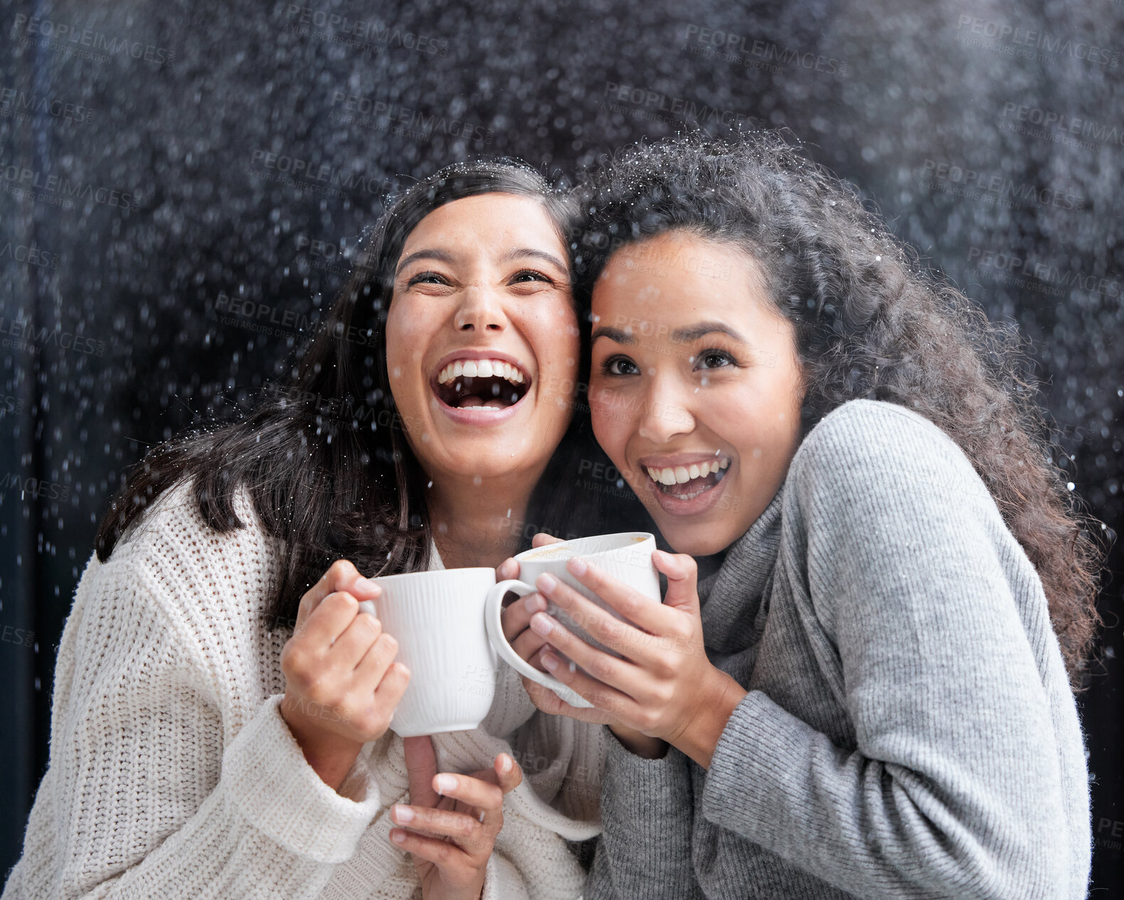 Buy stock photo Women, friends and snowfall with coffee, laugh and happiness together on holiday with warm drink. Snow, girl or woman in winter with laughing, love and happy with matcha, espresso or latte outdoor