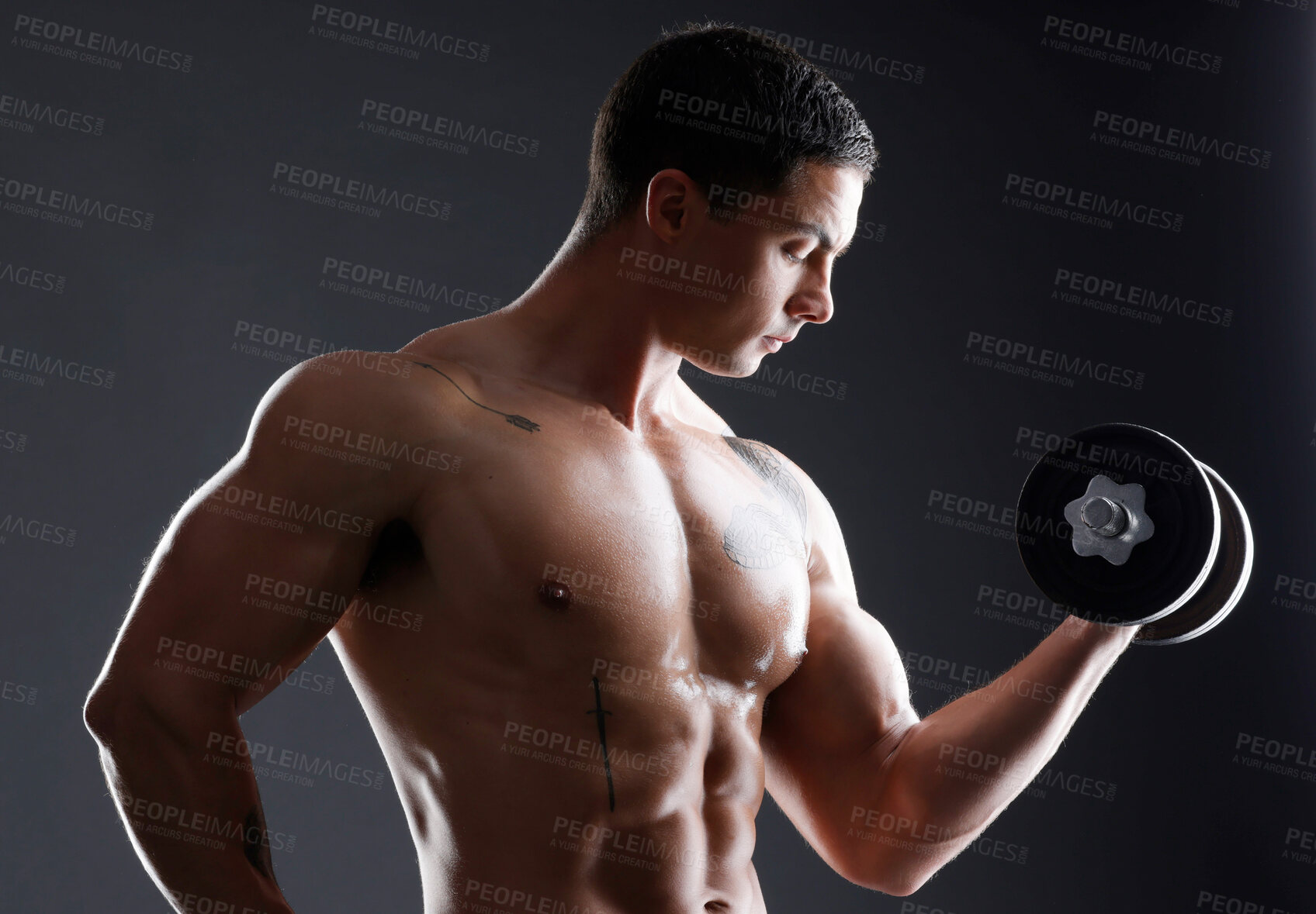 Buy stock photo Power, bodybuilder or strong man in studio for dumbbell workout, training or exercise for strength. Black background, fitness or healthy athlete with weights for arms, sports challenge or wellness