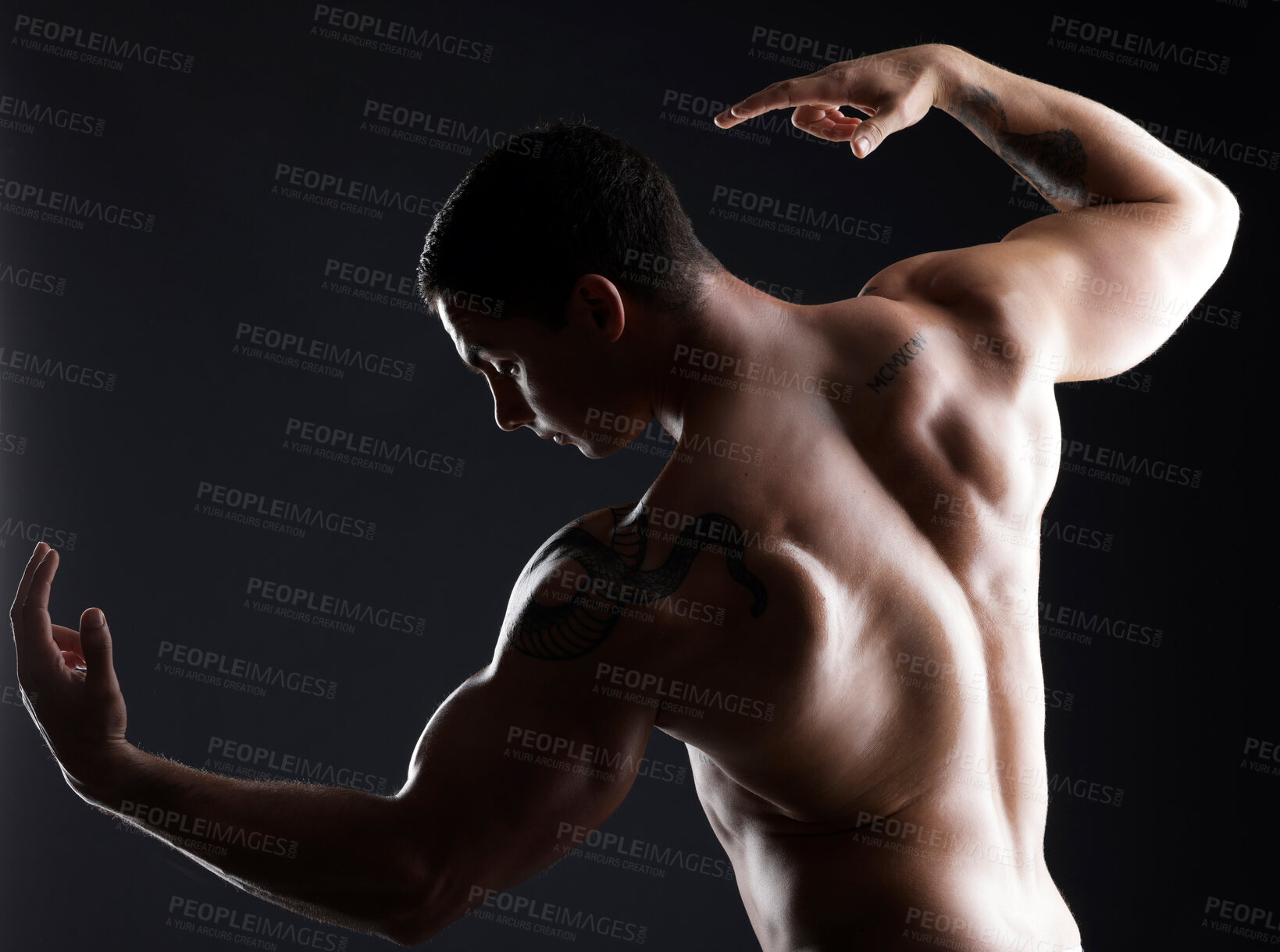 Buy stock photo Man, flexing or back muscle for fitness goals, workout or training motivation and healthcare wellness check. Bodybuilder, sports athlete or model body on aesthetic backdrop on black studio background