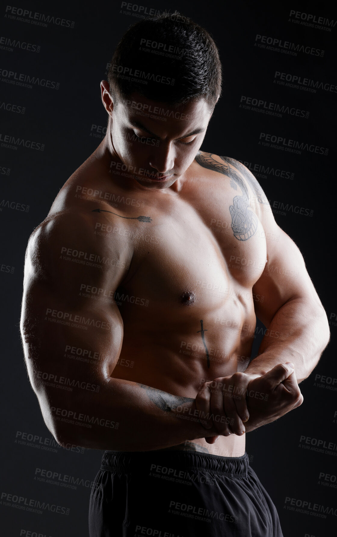 Buy stock photo Bodybuilder, flexing or muscle for fitness goals, workout or training motivation and healthcare wellness check. Man, sports athlete or model body on aesthetic backdrop on black studio background