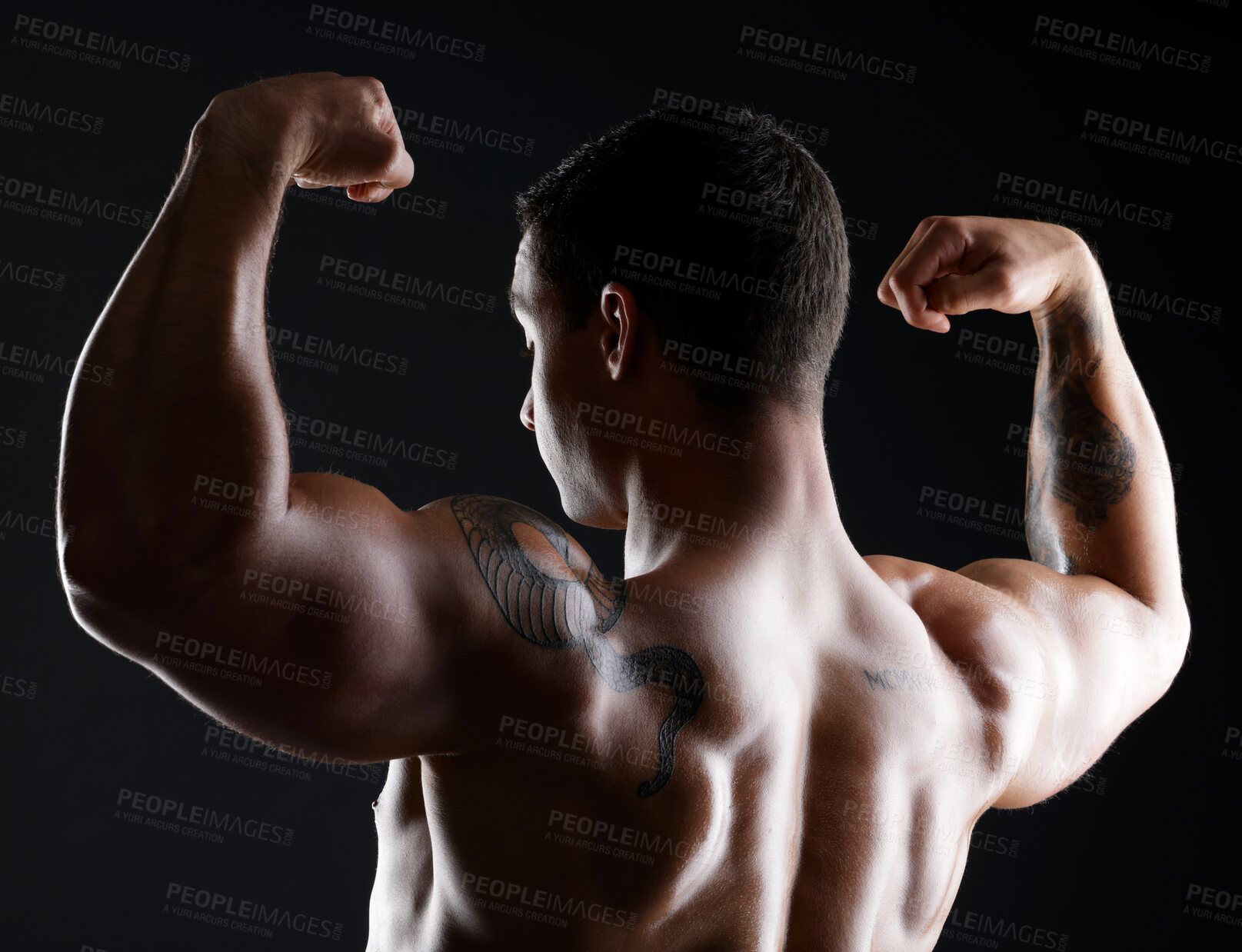 Buy stock photo Guy, flexing or back muscle for fitness goals, workout or training wellness check. Muscular bodybuilder, sports athlete or model body power or cardio on aesthetic backdrop on black studio background