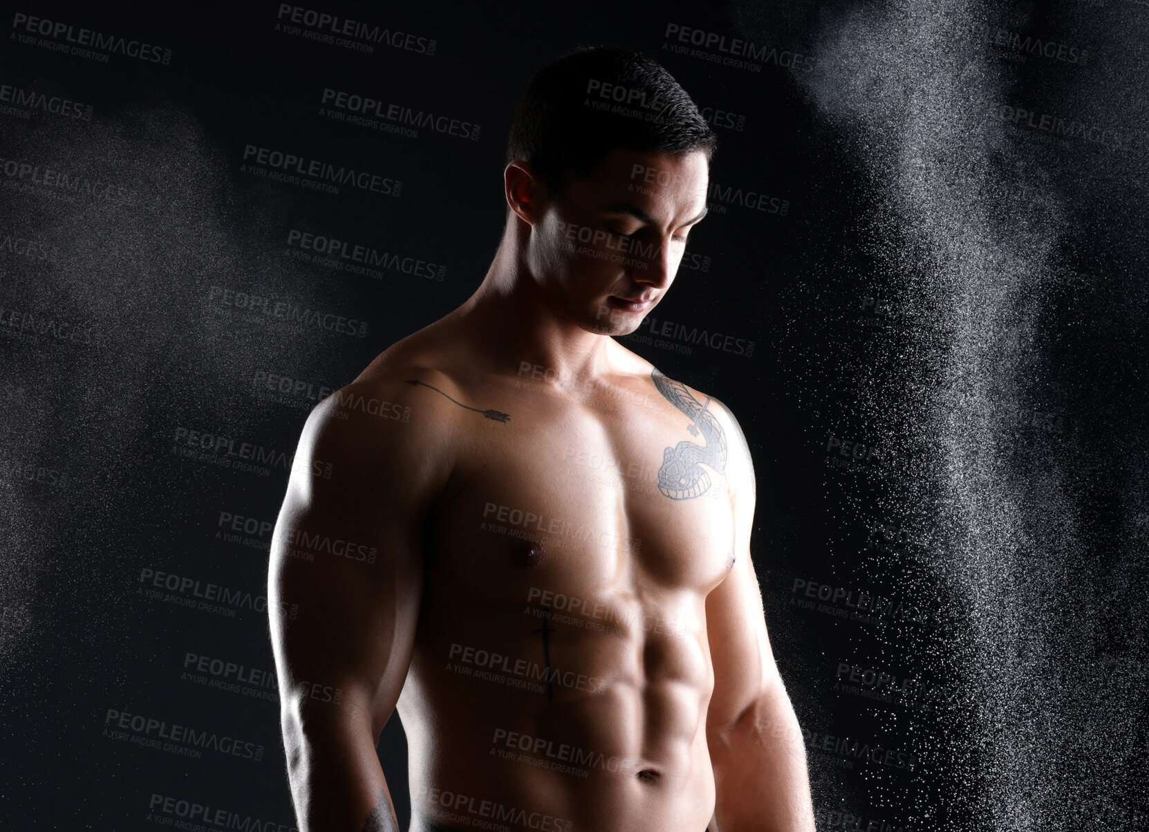 Buy stock photo Body, fitness and man with abs in studio with chalk, exercise and healthy from training on black background. Bodybuilder, sports or dark for male athlete model, muscular or dust with confident person