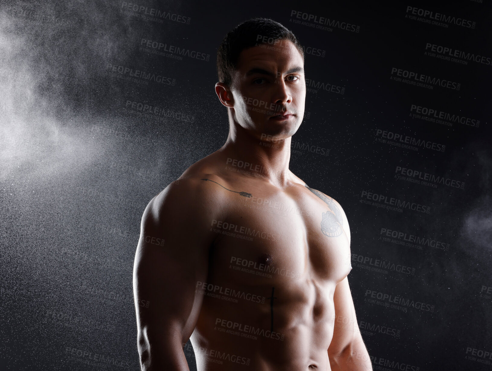 Buy stock photo Man, portrait and fitness abs in studio for wellness or body builder, strong and dark for power or strength. Person, six pack and smoke with muscle, isolated and black background for aesthetic shadow