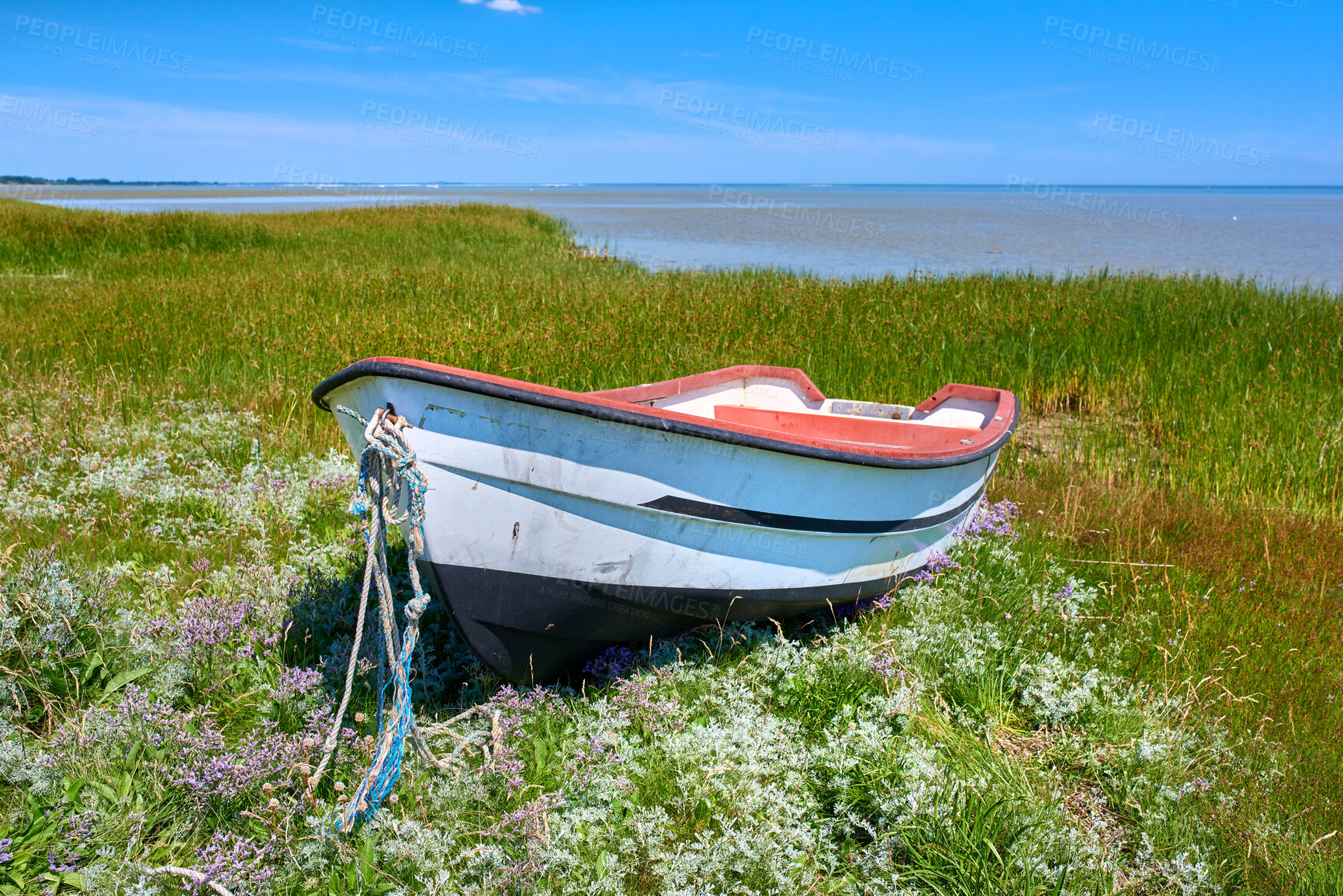 Buy stock photo Old abandoned wooden fishing boat in a green grassy meadow with flowers. Still ocean and a cloudy blue sky with copyspace in background. Perfect escape and adventure to a tranquil and remote island 