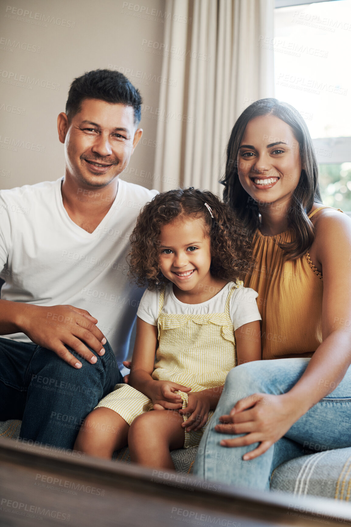 Buy stock photo Mother, dad and girl with portrait on sofa for family love, bonding and affection with security or safety. Mom, father and kid in living room of home with care, together and relax with happiness.