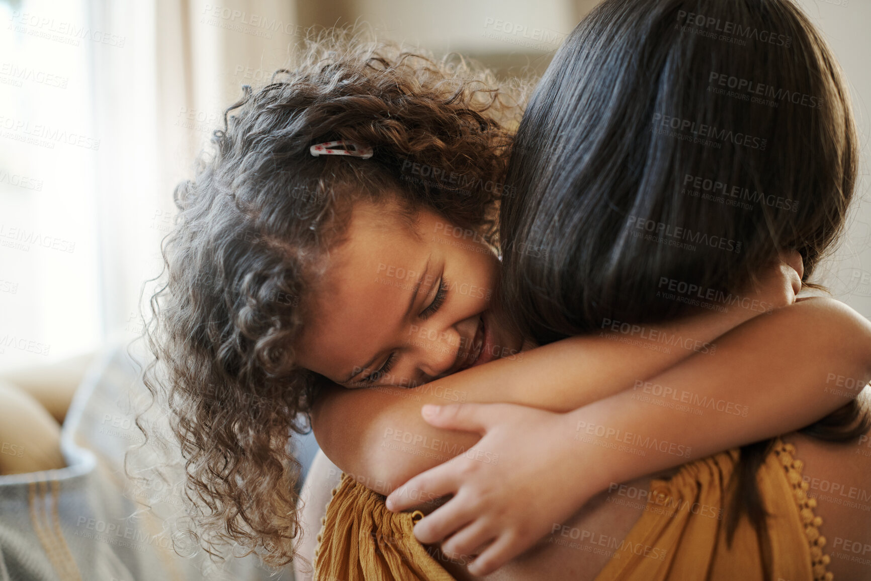 Buy stock photo Mom, girl child and hug on sofa for healthy relationship, bonding time and support for development in family home. Mother, young daughter and love embrace for safety, growth and security in lounge