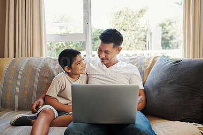 Buy stock photo Father, boy and hug with laptop on sofa for streaming cartoon movies, entertainment videos and bonding. Dad, child and relax in living room of home with technology for online gaming and happiness.