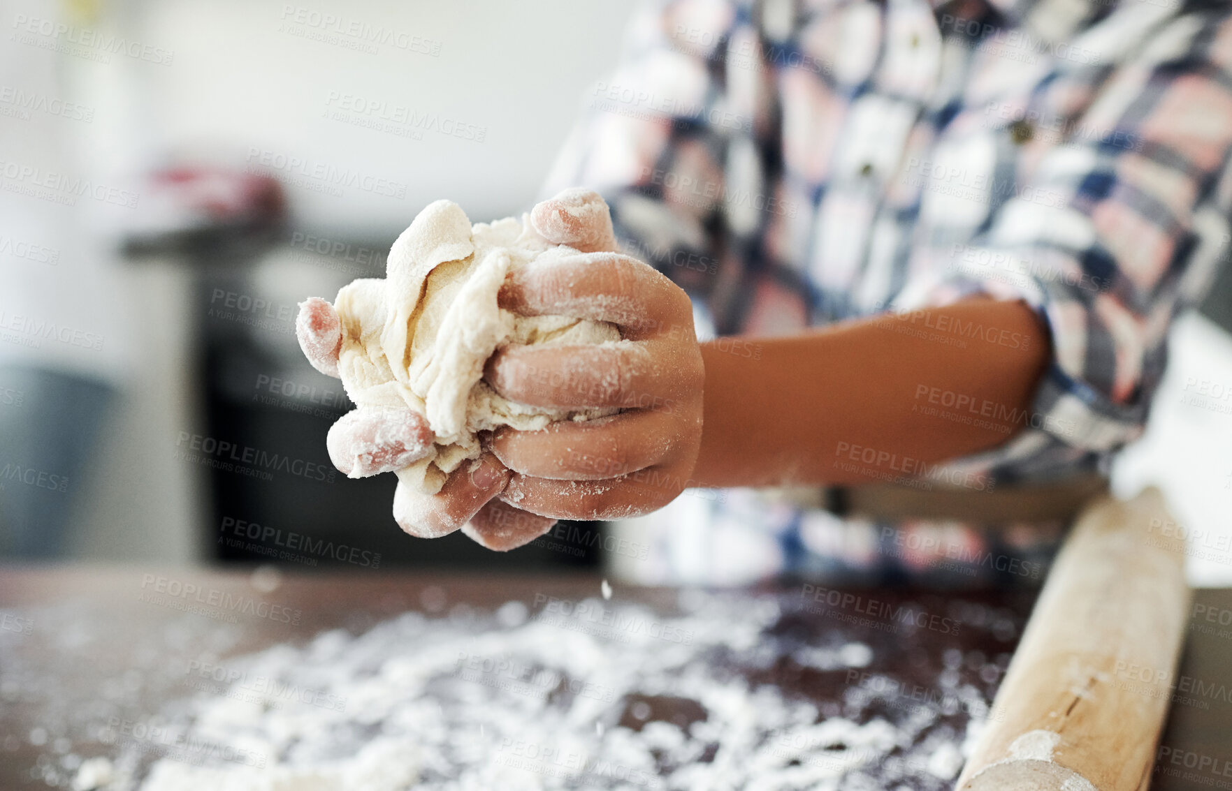 Buy stock photo Hands, flour or kid baking with dough in kitchen for child development to prepare cookies in home. Closeup, playing and young baker learning pastry recipe for bonding or cooking snacks or dessert 