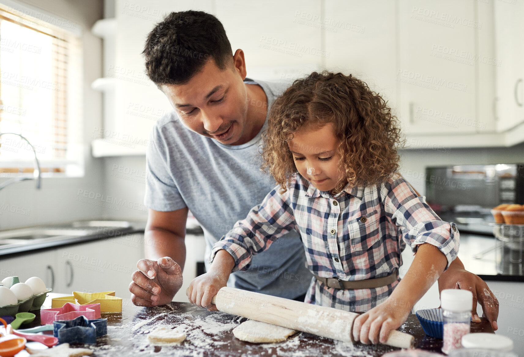 Buy stock photo Baking, dad and girl in kitchen, learning and teaching with support, ingredients and time together. Happy family, parent and father with daughter in house, care and cooking with utensils and dough