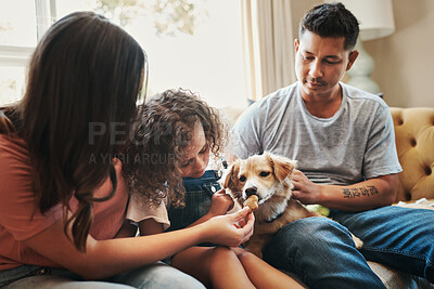 Buy stock photo Shot of a young family sitting on the sofa at home and bonding with their dog