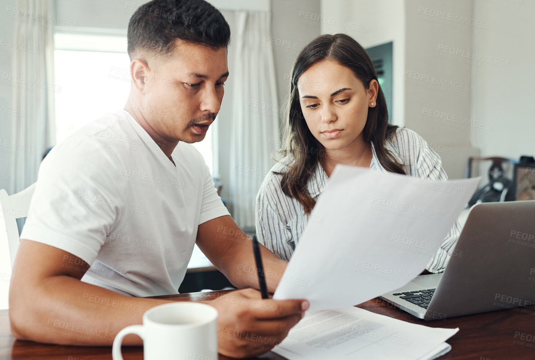 Buy stock photo Couple, conversation and documents with laptop in home for family expenses, savings fund and budget analysis. Computer, man and woman with mortgage research, financial discussion and loan paperwork