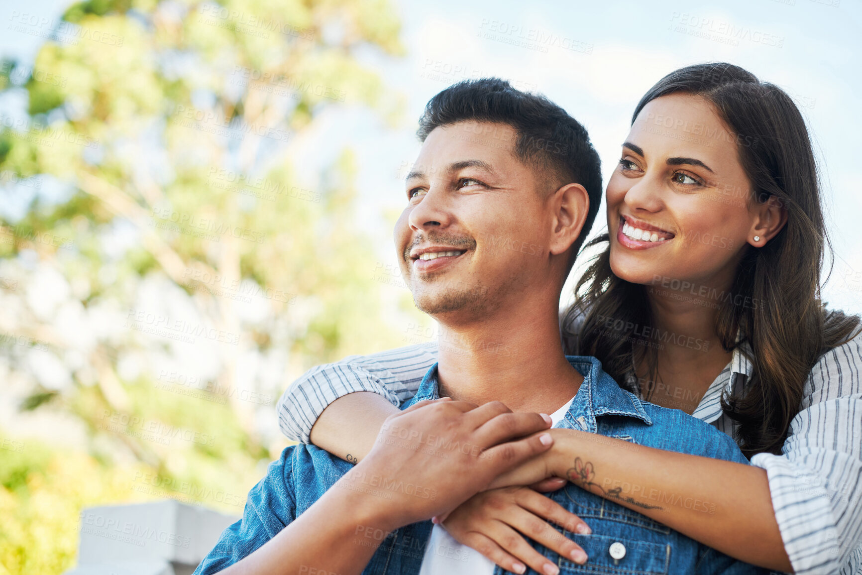 Buy stock photo Nature, hug and couple thinking in park with affection for remember, memory or outdoor date. Love, happy woman and hispanic man in thought with embrace for relationship, daydreaming or support