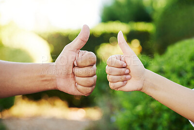 Buy stock photo Cropped shot of an unrecognizable couple giving thumbs up in their yard at home