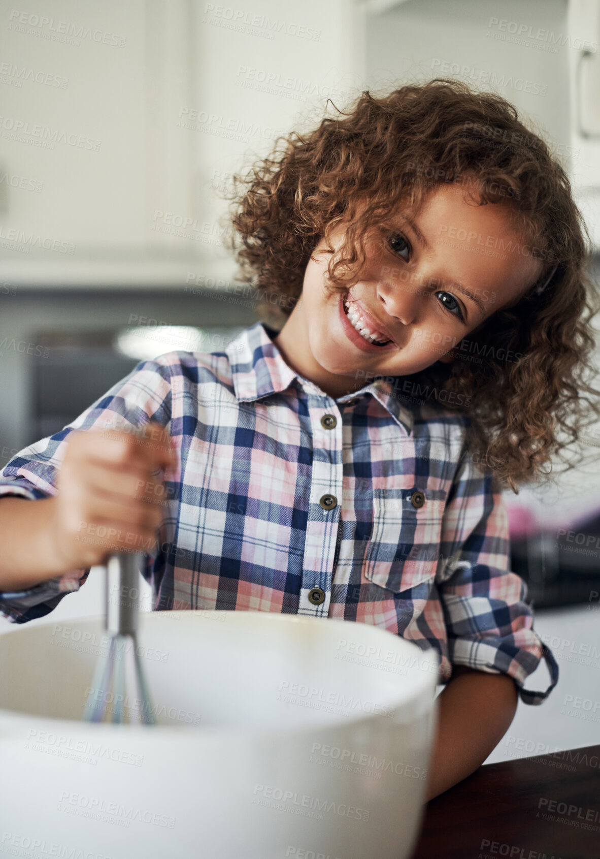 Buy stock photo Kitchen, portrait and girl with mixing for baking, recipe and ingredients for child development with learning. Home, counter and kid with dessert, pastry and breakfast preparation in bowl as baker