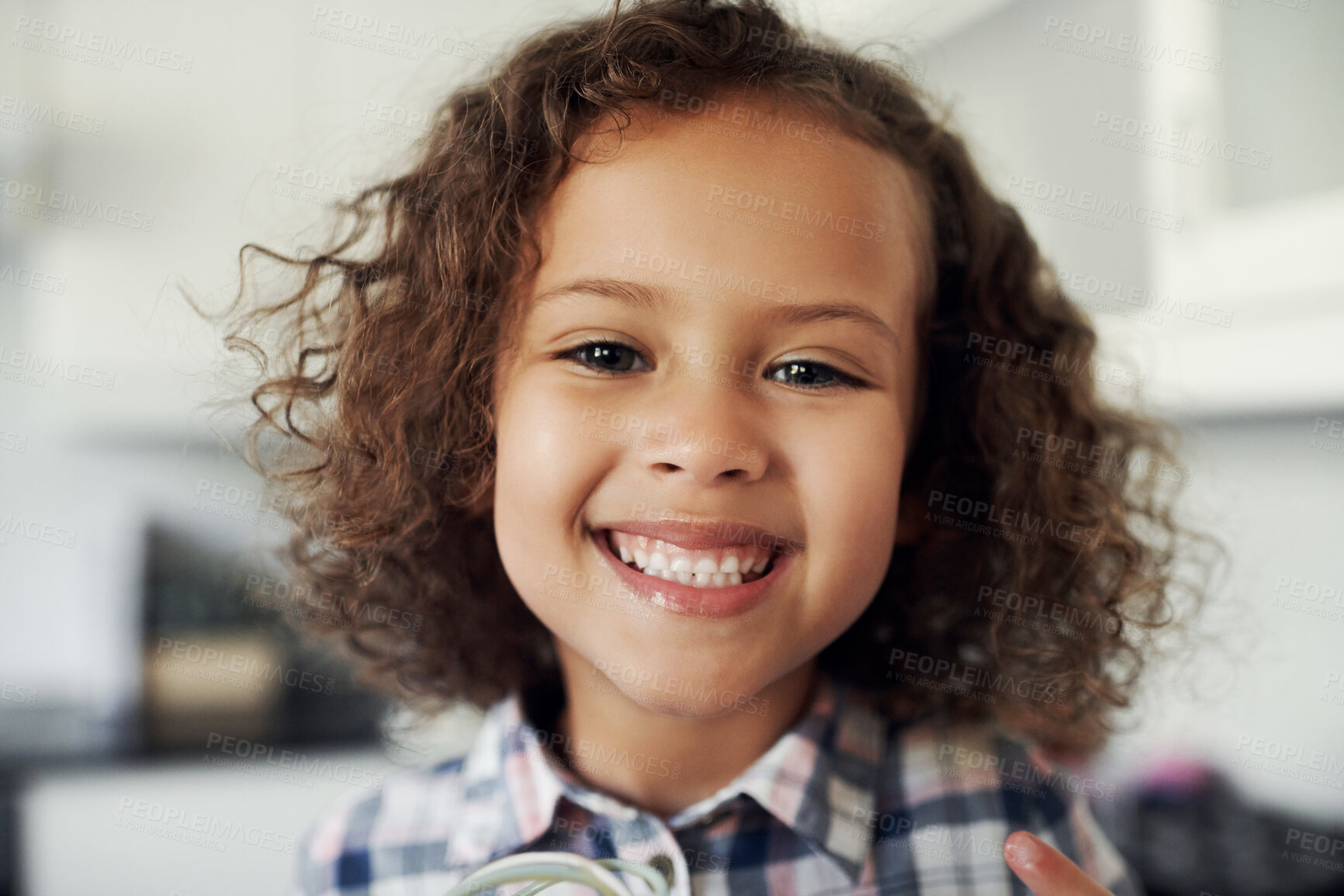 Buy stock photo Portrait, young girl and happiness in cooking lesson, baking and skill in kitchen in home for development  Female child, smile and excited for learning, fun and education with nutrition, food or diet