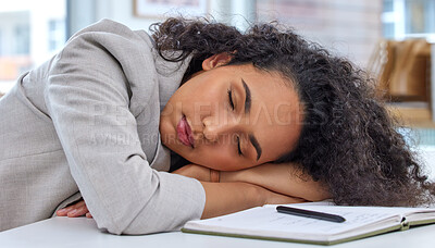 Buy stock photo Woman, sleeping and notebook in office with tired, fatigue and burn out in mental health, balance and wellness. Female person, rest and nap in work from home for company, business and corporate