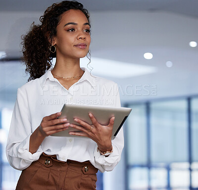 Buy stock photo Thinking, tablet and business woman in office with technology for communication, networking or searching web. Corporate, professional and employee for connection, inspiration or planning project