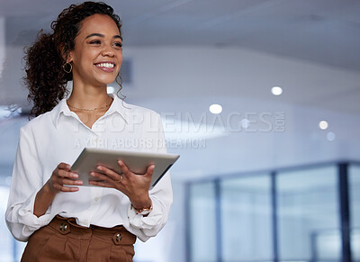 Buy stock photo Smile, woman in office with tablet and mockup, thinking and planning online schedule, business and search. Happy businesswoman in workplace, digital app and mock up space with startup website info.