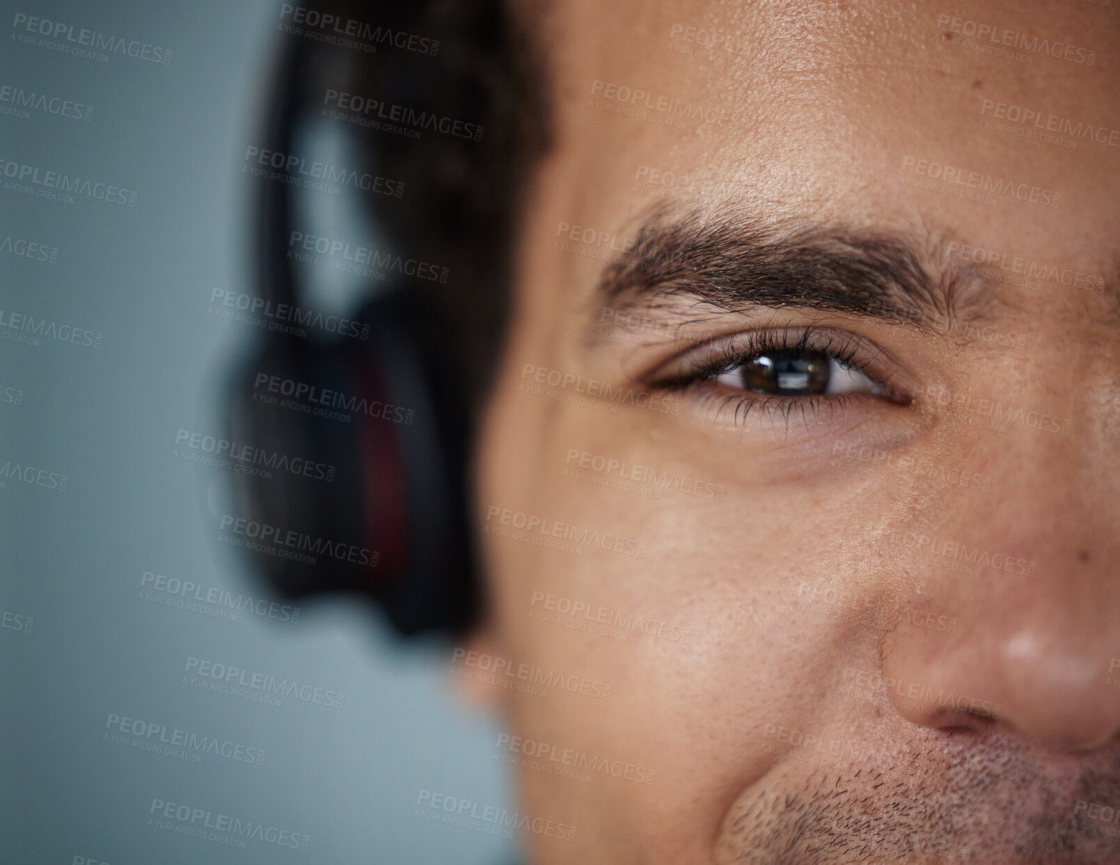 Buy stock photo Closeup of businessman and face at call centre with headphones for communication, contact and telemarketing.
Male employee or crm with technology for help, customer service and client support