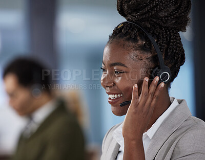 Buy stock photo Callcenter, consultant and phone call, black woman with smile, communication and help desk agent in office. Telemarketing, crm and happy African girl in headset at customer service or contact center.