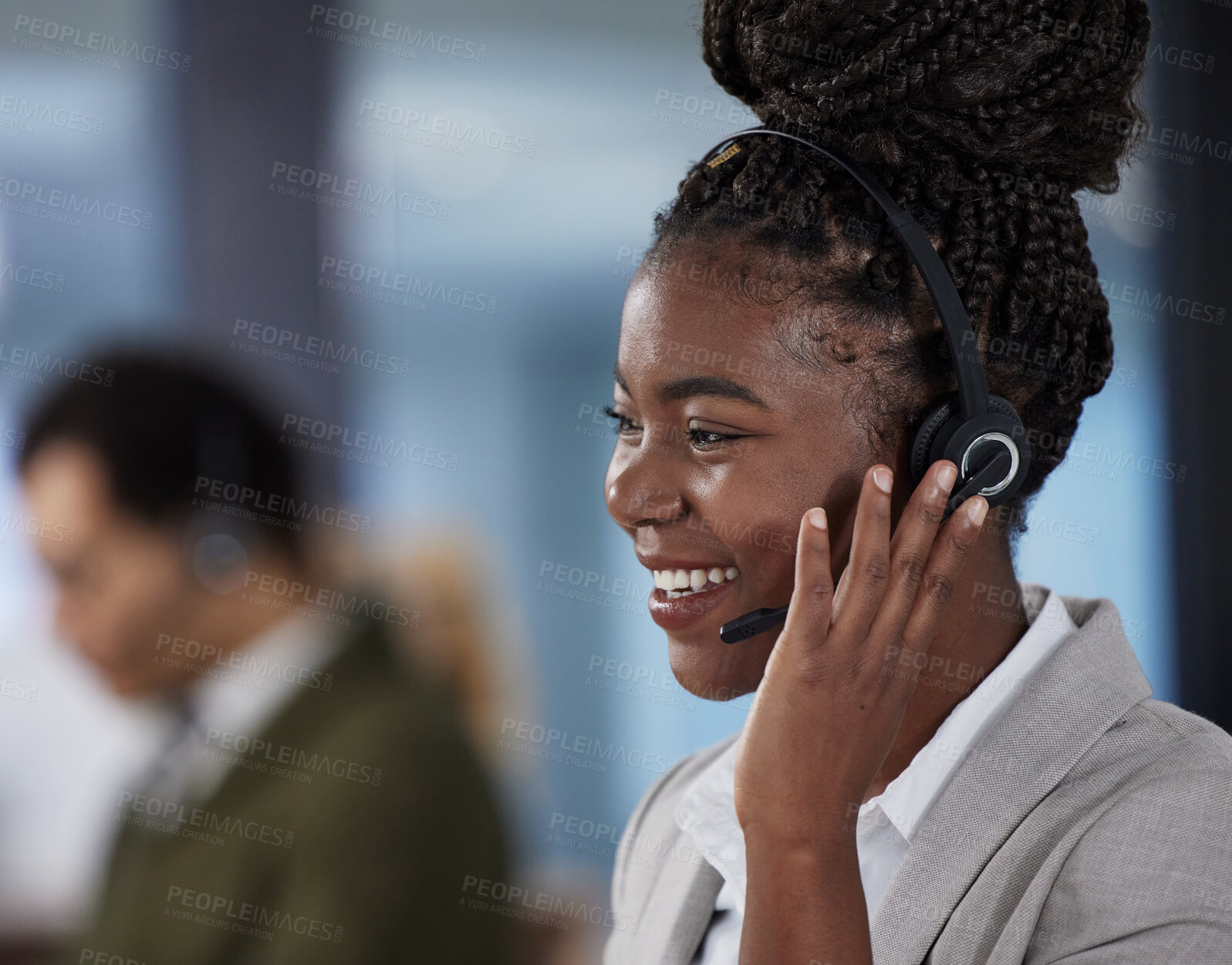 Buy stock photo Callcenter, consultant and phone call, black woman with smile, communication and help desk agent in office. Telemarketing, crm and happy African girl in headset at customer service or contact center.