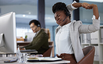 Buy stock photo Business woman, call center agent and stretching with headphones and computer for telemarketing and rest. Black female employee and burnout with tech and stress from customer support and advice