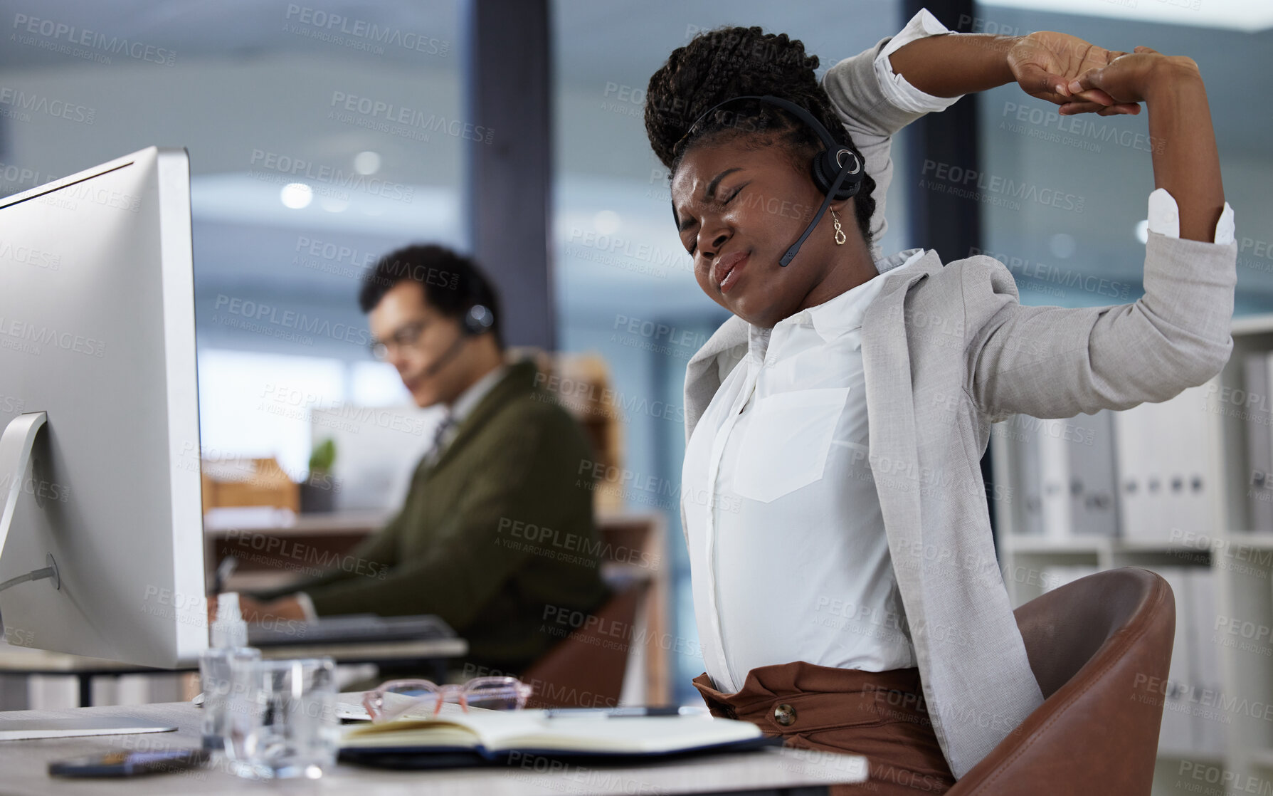 Buy stock photo Business woman, call center agent and stretching with headphones and computer for telemarketing and rest. Black female employee and burnout with tech and stress from customer support and advice