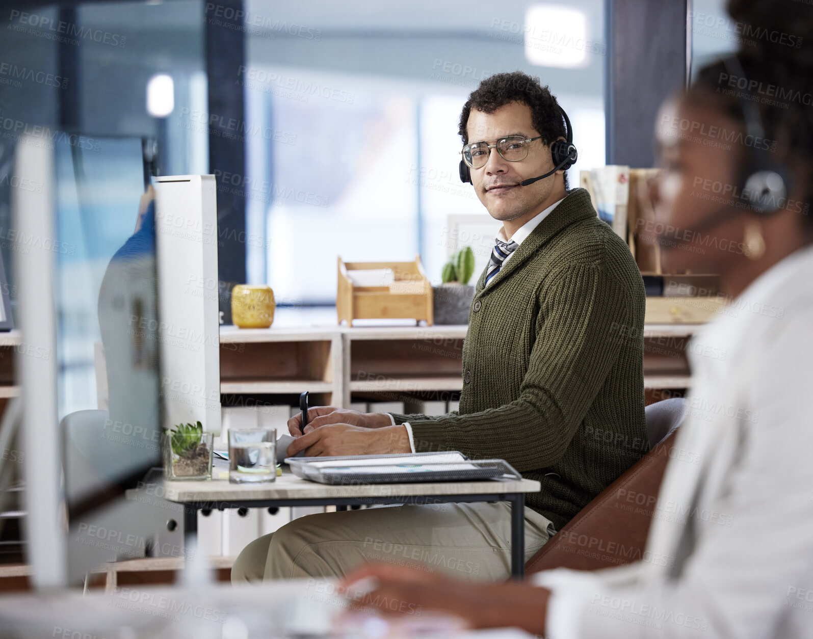 Buy stock photo Call center, man and smile with portrait in office for customer service, communication or consulting. Businessman, headphones and technology with pride for telemarketing, help and support for clients