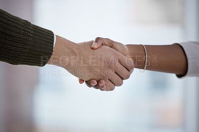 Buy stock photo Welcome, handshake and zoom on hands for thank you in office with businessman and woman. Agreement offer, onboarding deal or partnership in business, HR and hiring contract with closeup of hand shake