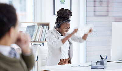 Buy stock photo Angry, fail and mistake with black woman in call center for burnout, frustration or stress. Break, crazy and documents with unhappy employee in customer support workplace for breakdown or outburst