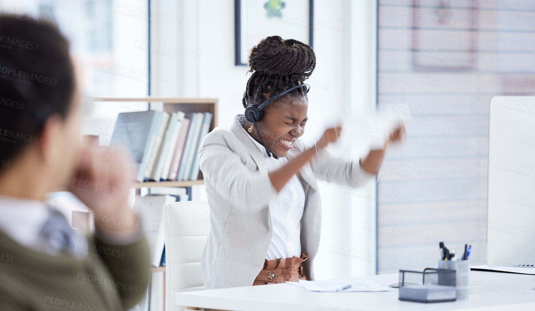 Buy stock photo Angry, fail and mistake with black woman in call center for burnout, frustration or stress. Break, crazy and documents with unhappy employee in customer support workplace for breakdown or outburst