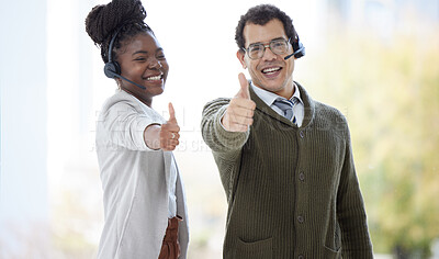 Buy stock photo Portrait, employee and happy with thumbs up at call center for customer or client support and service. Office, crm and advisor or consultant with smile or satisfied with teamwork and collaboration