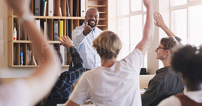 Buy stock photo Teacher, man and student hands and question in classroom for teaching, learning and education with answer. Happy, male professor and school for lesson, feedback or knowledge for academic test