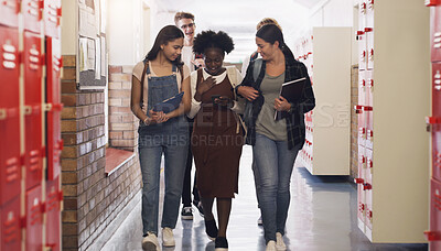 Buy stock photo Teen, group and walking in hallway of school, shock and surprise with news in phone, student and smile. Highschool, girls and reading of message or text on mobile, kids and invitation to prom